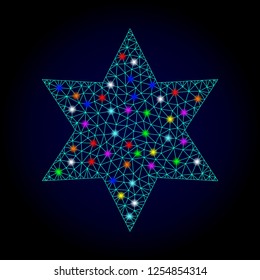 Glossy polygonal mesh six corner star icon with glare effect on a dark background. Carcass six corner star iconic vector with glamour multi colored dots for New Year posters.
