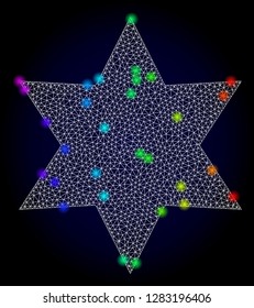 Glossy polygonal mesh six corner star icon with glare effect on a dark background. Carcass six corner star iconic vector with glamour multi colored spheres in rainbow colors.