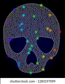 Glossy polygonal mesh skull icon with glare effect on a dark background. Carcass skull iconic vector with flash multi colored spheres in spectrum colors. Abstract white mesh lines,