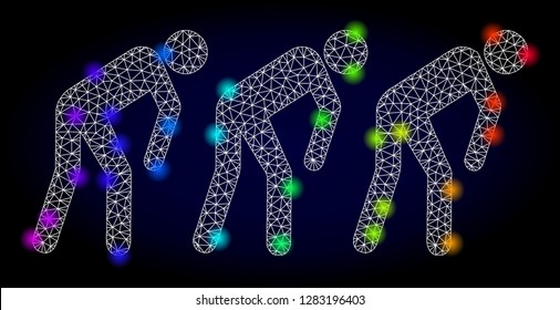 Glossy polygonal mesh slave people icon with glare effect on a dark background. Carcass slave people iconic vector with glowing multicolored points in rainbow colors. Abstract white mesh lines,