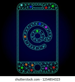 Glossy polygonal mesh smartphone address icon with glow effect on a dark background. Carcass smartphone address iconic vector with illuminated multi colored spheres for New Year templates.