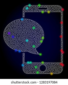 Glossy polygonal mesh smartphone message icon with glow effect on a dark background. Carcass smartphone message iconic vector with flash multi colored spheres in spectrum colors.