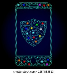 Glossy polygonal mesh smartphone shield icon with glow effect on a dark background. Carcass smartphone shield iconic vector with glowing colorful dots for Christmas illustrations.