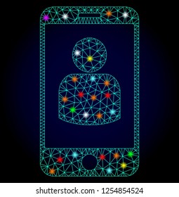 Glossy polygonal mesh smartphone user icon with glare effect on a dark background. Carcass smartphone user iconic vector with glitter multicolored dots for Christmas purposes.