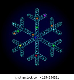 Glossy polygonal mesh snowflake icon with glow effect on a dark background. Carcass snowflake iconic vector with glamour colorful dots for New Year templates. Abstract light blue mesh lines,