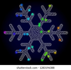 Glossy polygonal mesh snowflake icon with glow effect on a dark background. Carcass snowflake iconic vector with glitter multi colored dots in rainbow colors. Abstract white mesh lines,