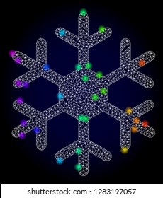 Glossy polygonal mesh snowflake icon with glow effect on a dark background. Carcass snowflake iconic vector with illuminated multi colored dots in rainbow colors. Abstract white mesh lines,