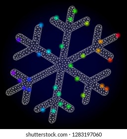 Glossy polygonal mesh snowflake icon with glare effect on a dark background. Carcass snowflake iconic vector with glitter multicolored dots in spectrum colors. Abstract white mesh lines,