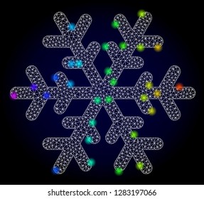 Glossy polygonal mesh snowflake icon with glare effect on a dark background. Carcass snowflake iconic vector with glitter colorful spheres in rainbow colors. Abstract white mesh lines,