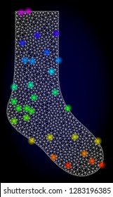 Glossy polygonal mesh sock icon with glare effect on a dark background. Carcass sock iconic vector with glitter multi colored dots in spectrum colors. Abstract white mesh lines,