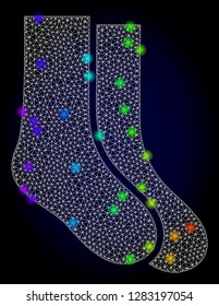 Glossy polygonal mesh socks icon with glow effect on a dark background. Carcass socks iconic vector with flash multi colored spheres in rainbow colors. Abstract white mesh lines,