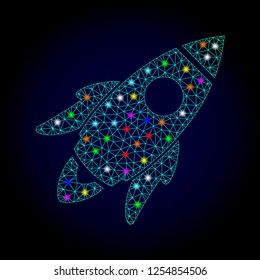 Glossy polygonal mesh space rocket icon with glow effect on a dark background. Carcass space rocket iconic vector with flash multi colored dots for New Year posters. Abstract light blue mesh lines,