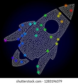 Glossy polygonal mesh space rocket icon with glare effect on a dark background. Carcass space rocket iconic vector with illuminated multi colored spheres in rainbow colors. Abstract white mesh lines,