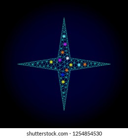 Glossy polygonal mesh space star icon with glow effect on a dark background. Carcass space star iconic vector with glitter colorful spheres for Christmas purposes. Abstract light blue mesh lines,