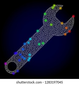 Glossy polygonal mesh spanner icon with glow effect on a dark background. Carcass spanner iconic vector with glowing multi colored dots in rainbow colors. Abstract white mesh lines,
