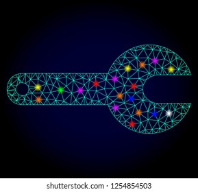 Glossy polygonal mesh spanner tool icon with glare effect on a dark background. Carcass spanner tool iconic vector with glitter multi colored points for New Year templates.