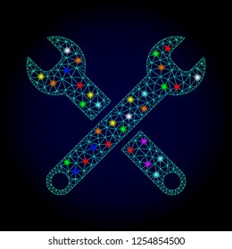 Glossy polygonal mesh spanners icon with glow effect on a dark background. Carcass spanners iconic vector with glamour colorful dots for New Year templates. Abstract light blue mesh lines, triangles,