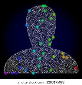 Glossy polygonal mesh spawn persona icon with glow effect on a dark background. Carcass spawn persona iconic vector with illuminated multi colored spheres in rainbow colors. Abstract white mesh lines,