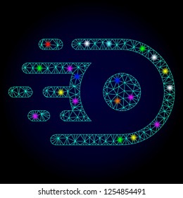 Glossy polygonal mesh speed core icon with glow effect on a dark background. Carcass speed core iconic vector with glowing multicolored points for New Year templates. Abstract light blue mesh lines,