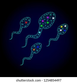 Glossy polygonal mesh sperm cells icon with glare effect on a dark background. Carcass sperm cells iconic vector with glamour multicolored spheres for Christmas templates.