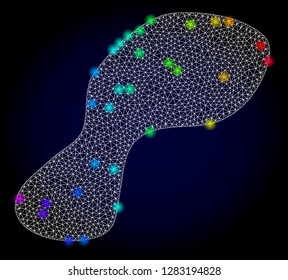 Glossy polygonal mesh spot icon with glow effect on a dark background. Carcass spot iconic vector with glitter multicolored spheres in rainbow colors. Abstract white mesh lines,