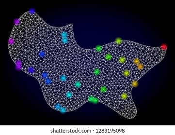 Glossy polygonal mesh spot icon with glow effect on a dark background. Carcass spot iconic vector with illuminated multi colored dots in spectrum colors. Abstract white mesh lines,