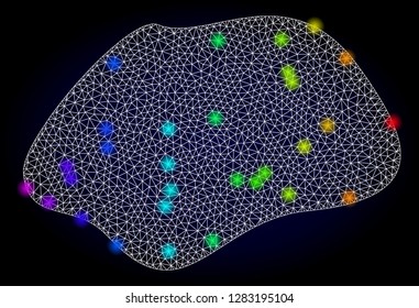 Glossy polygonal mesh spot simple icon with glare effect on a dark background. Carcass spot simple iconic vector with glowing multi colored dots in spectrum colors. Abstract white mesh lines,