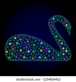 Glossy polygonal mesh swan icon with glow effect on a dark background. Carcass swan iconic vector with glitter multi colored points for Christmas purposes. Abstract light blue mesh lines, triangles,
