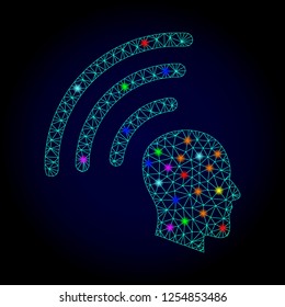 Glossy polygonal mesh telepathy waves icon with glare effect on a dark background. Carcass telepathy waves iconic vector with glowing multi colored dots for New Year posters.
