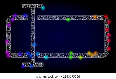 Glossy polygonal mesh text field icon with glare effect on a dark background. Carcass text field iconic vector with glowing multi colored dots in spectrum colors. Abstract white mesh lines,