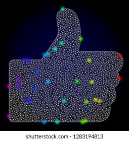 Glossy polygonal mesh thumb up icon with glare effect on a dark background. Carcass thumb up iconic vector with glamour multicolored spheres in spectrum colors. Abstract white mesh lines,