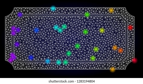 Glossy polygonal mesh ticket frame icon with glare effect on a dark background. Carcass ticket frame iconic vector with flash multi colored dots in rainbow colors. Abstract white mesh lines,