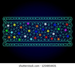Glossy polygonal mesh ticket tempalte icon with glare effect on a dark background. Carcass ticket tempalte iconic vector with glowing multi colored dots for Christmas posters.