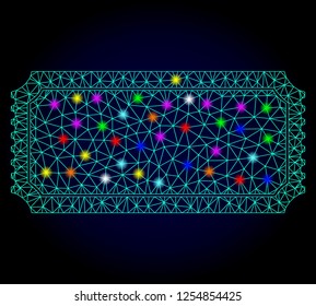 Glossy polygonal mesh ticket template icon with glow effect on a dark background. Carcass ticket template iconic vector with flash multi colored dots for New Year illustrations.