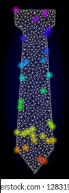 Glossy polygonal mesh tie icon with glare effect on a dark background. Carcass tie iconic vector with glitter multi colored spheres in spectrum colors. Abstract white mesh lines,