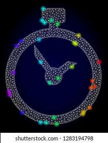 Glossy polygonal mesh time icon with glare effect on a dark background. Carcass time iconic vector with illuminated multi colored points in rainbow colors. Abstract white mesh lines,