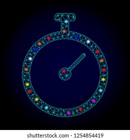 Glossy polygonal mesh time tracker icon with glare effect on a dark background. Carcass time tracker iconic vector with flash multicolored dots for New Year purposes. Abstract light blue mesh lines,