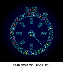 Glossy polygonal mesh timer icon with glow effect on a dark background. Carcass timer iconic vector with glamour multi colored dots for New Year illustrations. Abstract light blue mesh lines,