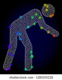Glossy polygonal mesh tired person icon with glare effect on a dark background. Carcass tired person iconic vector with flash multi colored points in spectrum colors. Abstract white mesh lines,