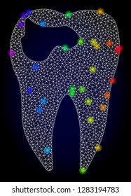 Glossy polygonal mesh tooth caries icon with glow effect on a dark background. Carcass tooth caries iconic vector with glitter multi colored dots in spectrum colors. Abstract white mesh lines,