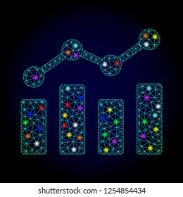 Glossy polygonal mesh trend chart icon with glare effect on a dark background. Carcass trend chart iconic vector with glowing multi colored dots for New Year templates. Abstract light blue mesh lines,