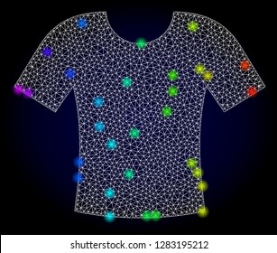 Glossy polygonal mesh t-shirt icon with glare effect on a dark background. Carcass t-shirt iconic vector with glitter multi colored points in rainbow colors. Abstract white mesh lines,