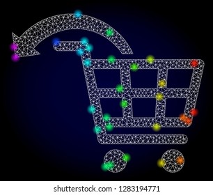 Glossy polygonal mesh undo shopping order icon with glare effect on a dark background. Carcass undo shopping order iconic vector with glamour multi colored dots in rainbow colors.