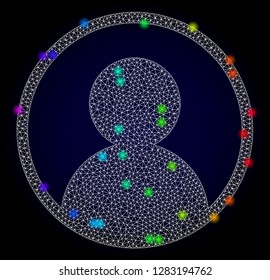 Glossy polygonal mesh user portrait icon with glare effect on a dark background. Carcass user portrait iconic vector with glowing multi colored points in rainbow colors. Abstract white mesh lines,