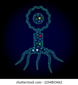 Glossy polygonal mesh virus cell icon with glare effect on a dark background. Carcass virus cell iconic vector with glitter multicolored points for New Year purposes. Abstract light blue mesh lines,