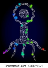 Glossy polygonal mesh virus cell icon with glow effect on a dark background. Carcass virus cell iconic vector with glamour multi colored spheres in rainbow colors. Abstract white mesh lines,