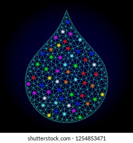 Glossy polygonal mesh water drop icon with glow effect on a dark background. Carcass water drop iconic vector with glitter multi colored dots for New Year purposes. Abstract light blue mesh lines,