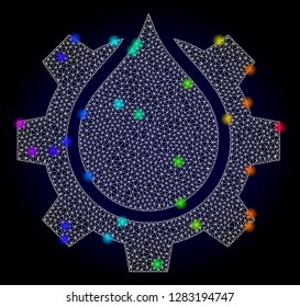Glossy polygonal mesh water gear service icon with glare effect on a dark background. Carcass water gear service iconic vector with glowing colorful dots in spectrum colors. Abstract white mesh lines,