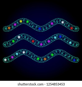 Glossy polygonal mesh water surface icon with glow effect on a dark background. Carcass water surface iconic vector with glowing multi colored points for Christmas posters.