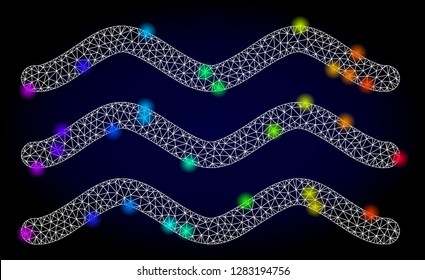 Glossy polygonal mesh water surface icon with glow effect on a dark background. Carcass water surface iconic vector with glamour multi colored spheres in rainbow colors. Abstract white mesh lines,